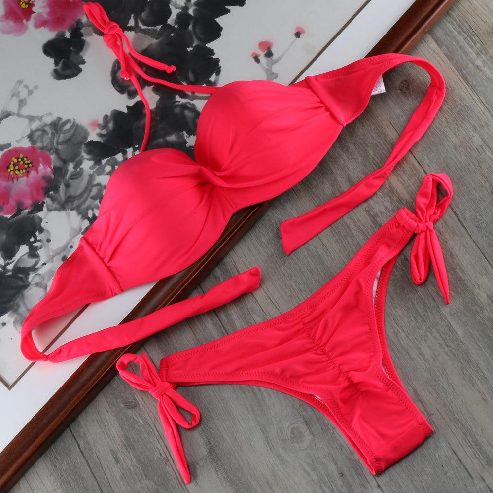 Bikini Solid Strappy Bandage Bikinis Set White Push Up Bikini Swimwear Swimsuit Bathing Suit Women's Ribbed Tie Bikini Adjustable Lace Up Bottom String Women Swimsuit Stevvex