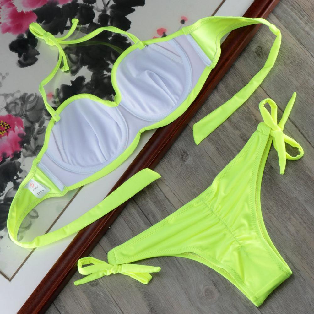 Bikini Solid Strappy Bandage Bikinis Set White Push Up Bikini Swimwear Swimsuit Bathing Suit Women's Ribbed Tie Bikini Adjustable Lace Up Bottom String Women Swimsuit Stevvex