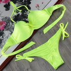 Bikini Solid Strappy Bandage Bikinis Set White Push Up Bikini Swimwear Swimsuit Bathing Suit Women's Ribbed Tie Bikini Adjustable Lace Up Bottom String Women Swimsuit Stevvex