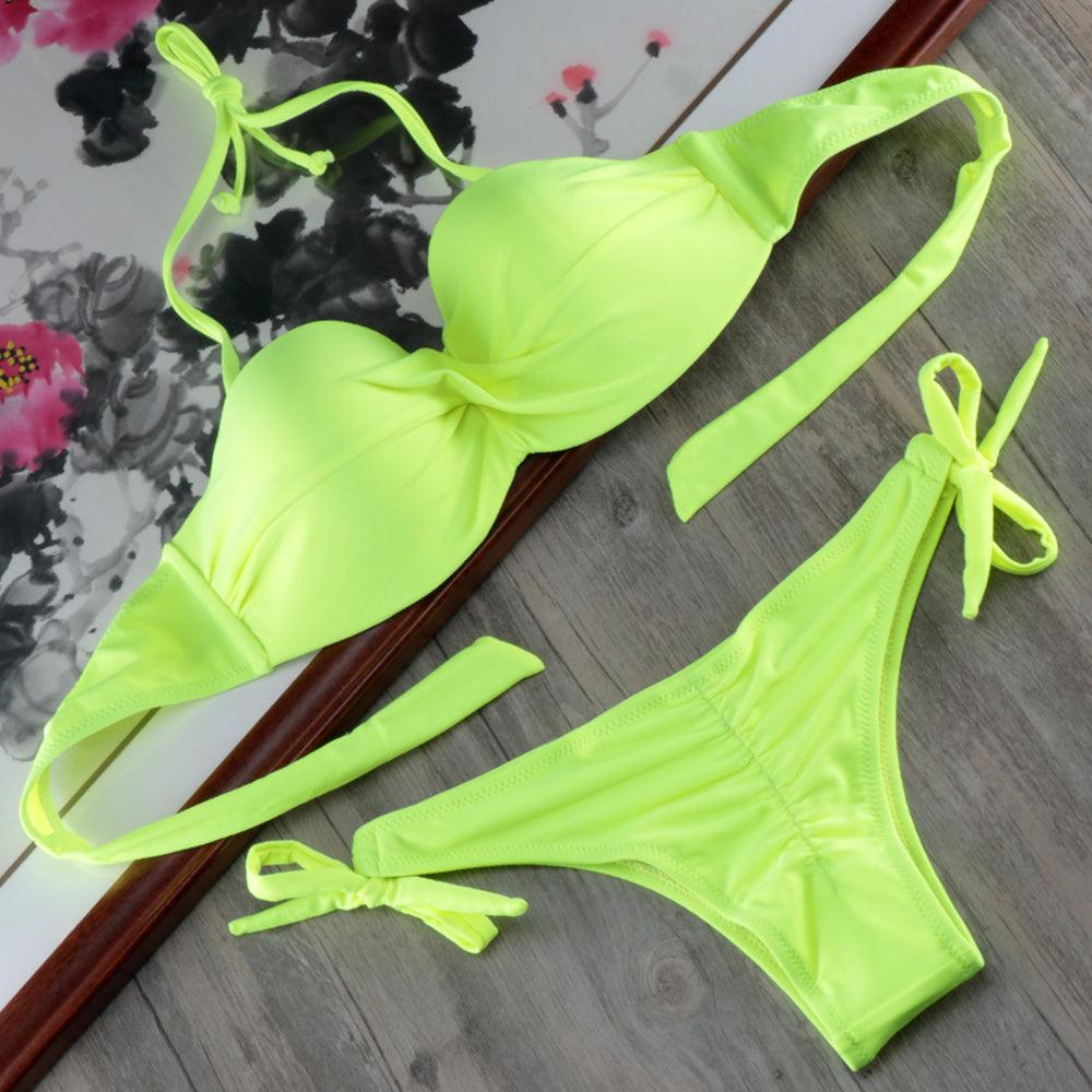 Bikini Solid Strappy Bandage Bikinis Set White Push Up Bikini Swimwear Swimsuit Bathing Suit Women's Ribbed Tie Bikini Adjustable Lace Up Bottom String Women Swimsuit Stevvex