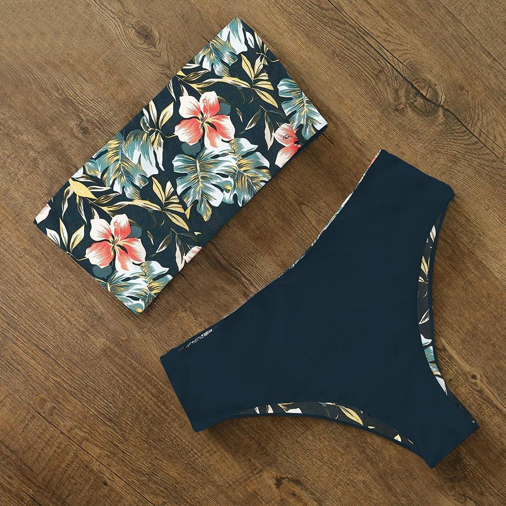 Bikini Swimwear Swimsuit Women Floral Print High Waist Bikini Set Back Cross Bathing Suit Female Beach Wear Women's Bikini Swimsuits Strapless Two Pieces Bathing Suits Stevvex