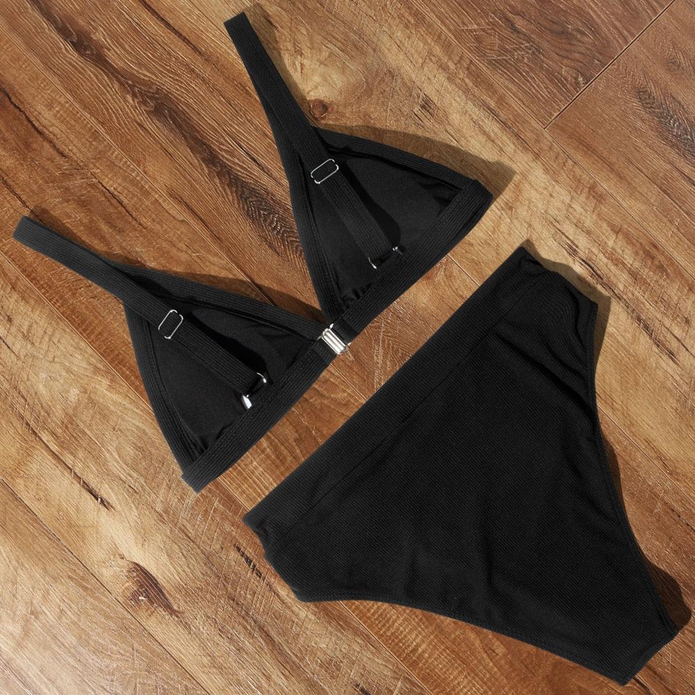 Bikini Swimwear Swimsuit Women Solid Bathing Suit Bikini Set With Pad Female High Waist Beachwear Women Bikini Swimsuits 2 Piece Deep V Neck Swimwear Adjustable Strap Back Bathing Suits Stevvex
