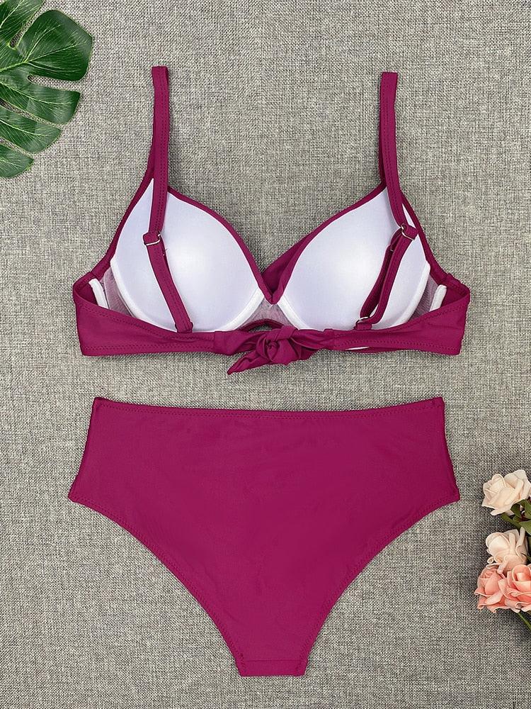 Bikini Swimwear Women High Waist Swimsuit Solid Color Bikini Set Women's Push Up Underwire Top Bottom Bikini Bathing Swimsuits Beach Wear Padded Push Up Bikini Set Female Stevvex