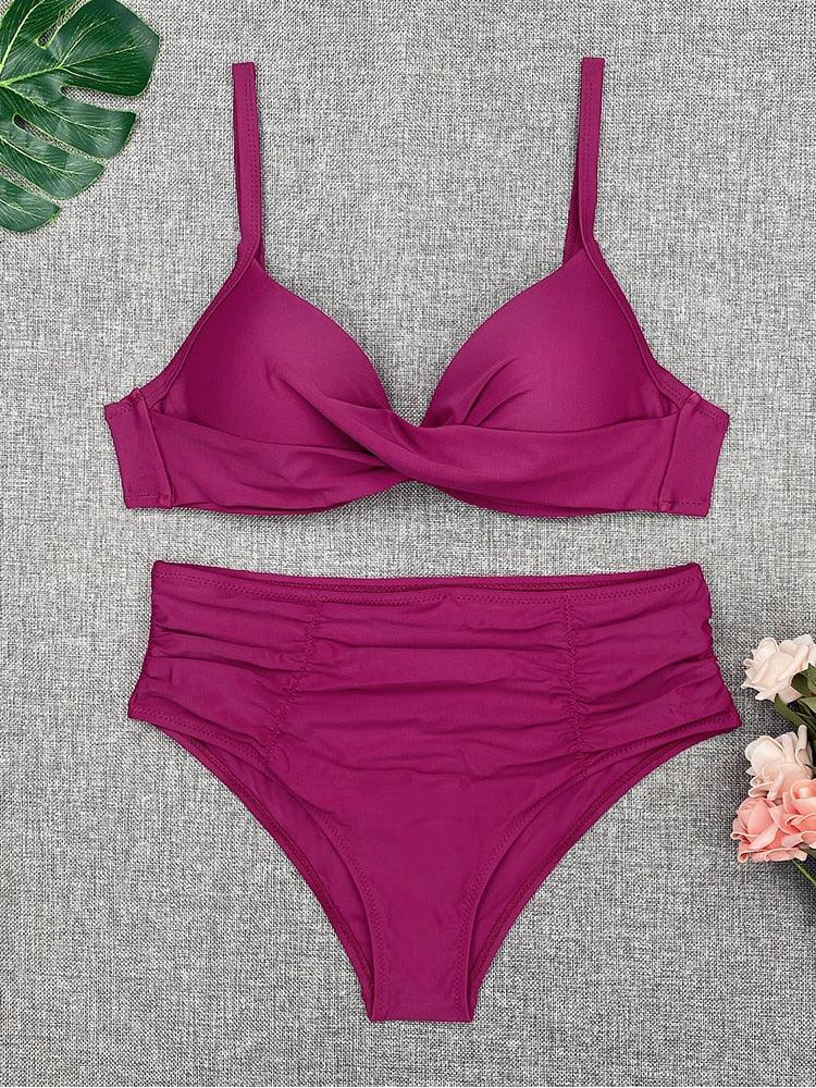 Bikini Swimwear Women High Waist Swimsuit Solid Color Bikini Set Women's Push Up Underwire Top Bottom Bikini Bathing Swimsuits Beach Wear Padded Push Up Bikini Set Female Stevvex