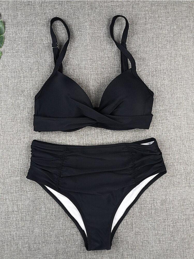 Bikini Swimwear Women High Waist Swimsuit Solid Color Bikini Set Women's Push Up Underwire Top Bottom Bikini Bathing Swimsuits Beach Wear Padded Push Up Bikini Set Female Stevvex