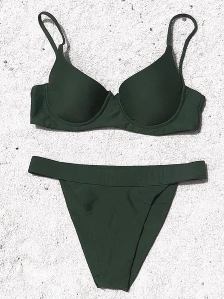 Bikini Swimwear Women High Waist Swimsuit Solid Color Bikini Set Women's Push Up Underwire Top Bottom Bikini Bathing Swimsuits Beach Wear Padded Push Up Bikini Set Female Stevvex