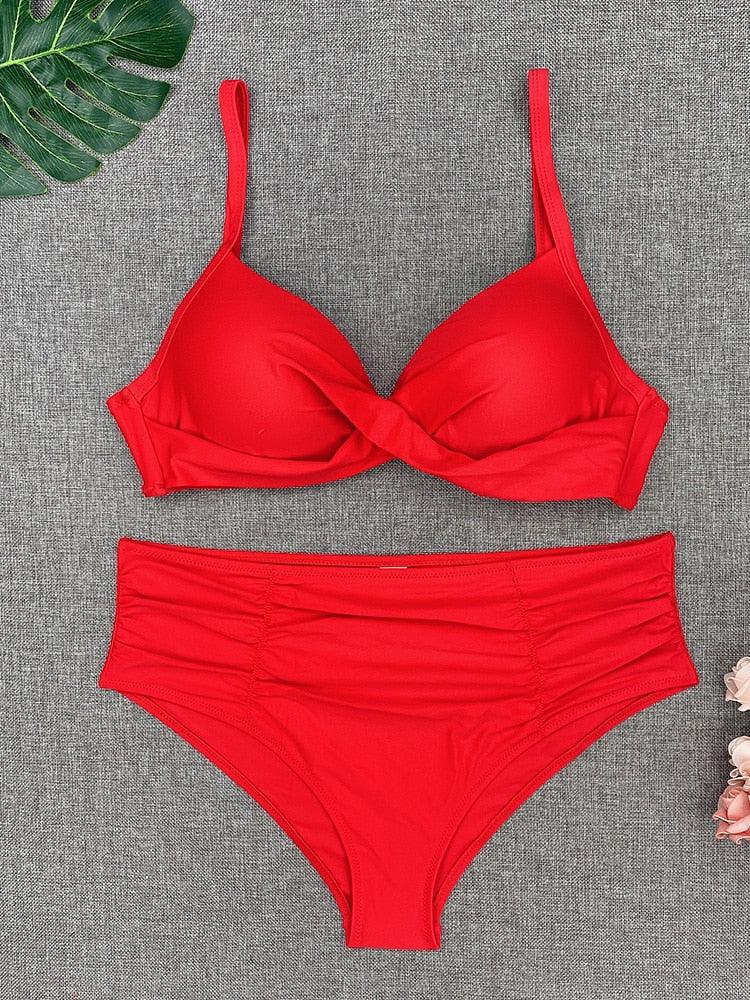 Bikini Swimwear Women High Waist Swimsuit Solid Color Bikini Set Women's Push Up Underwire Top Bottom Bikini Bathing Swimsuits Beach Wear Padded Push Up Bikini Set Female Stevvex