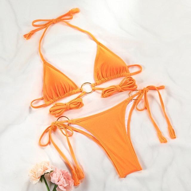 Bikini Triangle Adjust Swimwear Women's Crisscross Halter Bikini Lace Up Back Bandage Two Piece Strappy Bathing Suits G String Thong Swimwear Women Bathing Suit Hollow Out Quality Pleated Swimsuit Female Double-Sided Bikini Set Stevvex