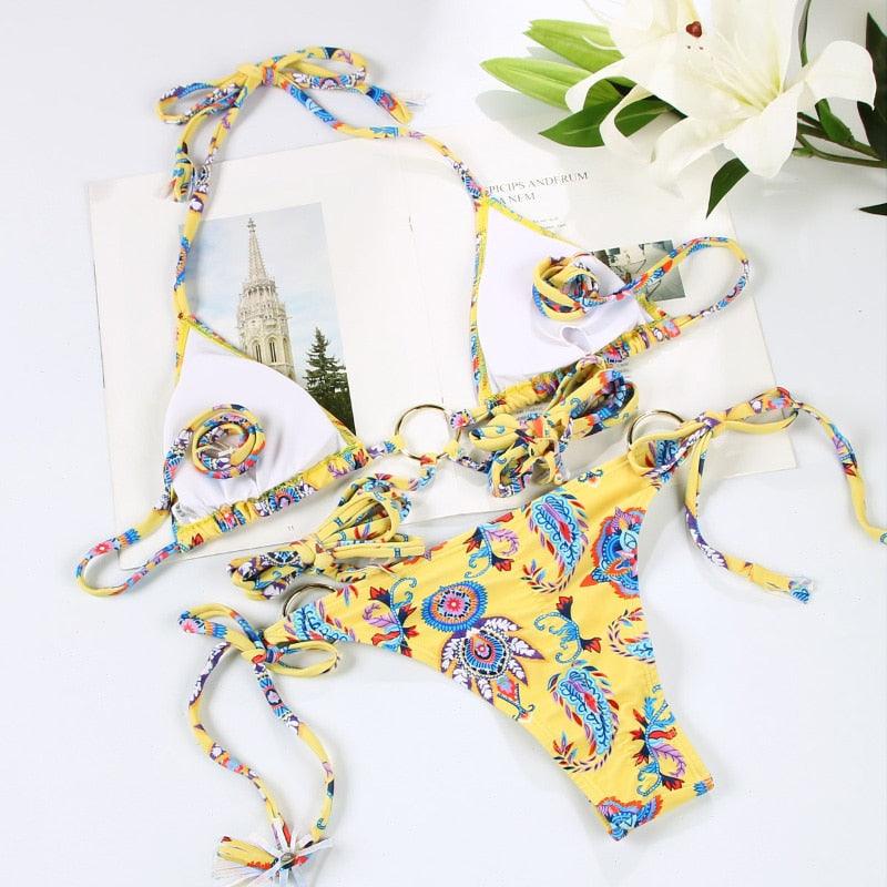 Bikini Triangle Adjust Swimwear Women's Crisscross Halter Bikini Lace Up Back Bandage Two Piece Strappy Bathing Suits G String Thong Swimwear Women Bathing Suit Hollow Out Quality Pleated Swimsuit Female Double-Sided Bikini Set Stevvex