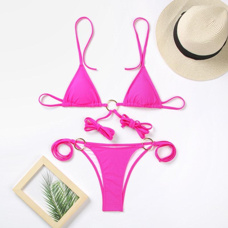 Bikini Triangle Adjust Swimwear Women's Crisscross Halter Bikini Lace Up Back Bandage Two Piece Strappy Bathing Suits G String Thong Swimwear Women Bathing Suit Hollow Out Quality Pleated Swimsuit Female Double-Sided Bikini Set Stevvex
