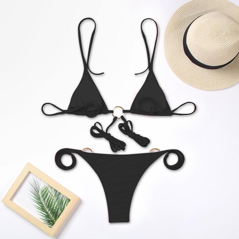 Bikini Triangle Adjust Swimwear Women's Crisscross Halter Bikini Lace Up Back Bandage Two Piece Strappy Bathing Suits G String Thong Swimwear Women Bathing Suit Hollow Out Quality Pleated Swimsuit Female Double-Sided Bikini Set Stevvex