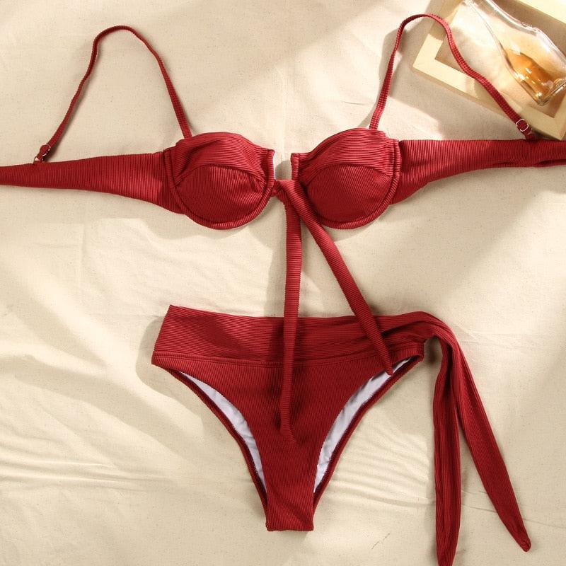 Bikini Triangle Adjust Swimwear Women's Crisscross Halter Bikini Lace Up Back Bandage Two Piece Strappy Bathing Suits G String Thong Swimwear Women Bathing Suit Hollow Out Quality Pleated Swimsuit Female Double-Sided Bikini Set Stevvex