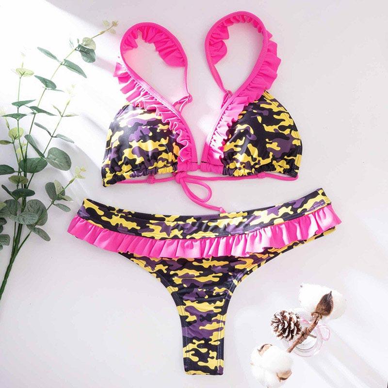 Bikini Triangle Adjust Swimwear Women's Crisscross Halter Bikini Lace Up Back Bandage Two Piece Strappy Bathing Suits G String Thong Swimwear Women Bathing Suit Hollow Out Quality Pleated Swimsuit Female Double-Sided Bikini Set Stevvex