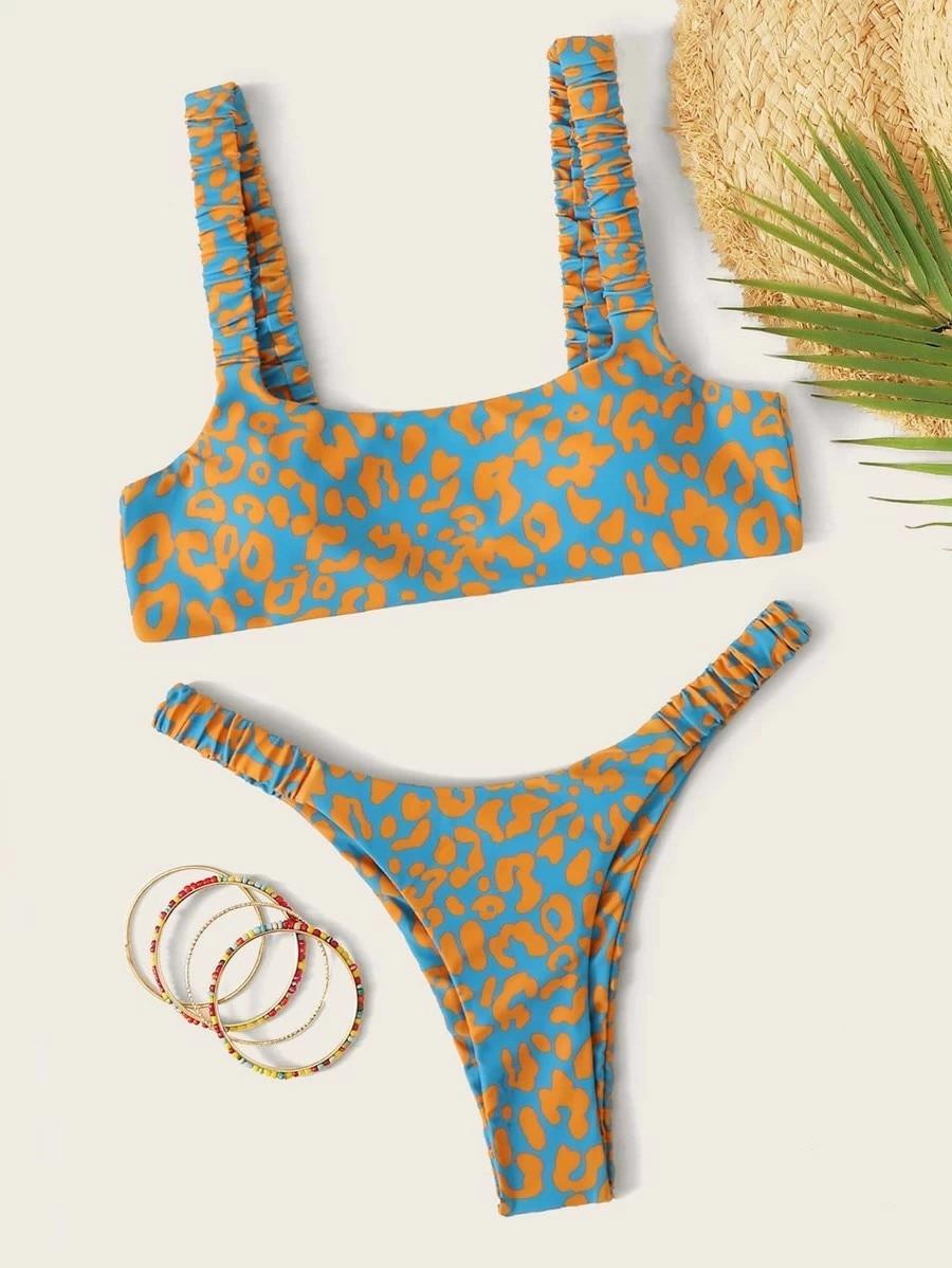 Bikini  Women Orange Leopard Push Up Padded Thong Swimsuit Female Cut Out Bathing Suit Swimwear Padded Push up Thong Bikini Sets  Swimsuits for Women Stevvex