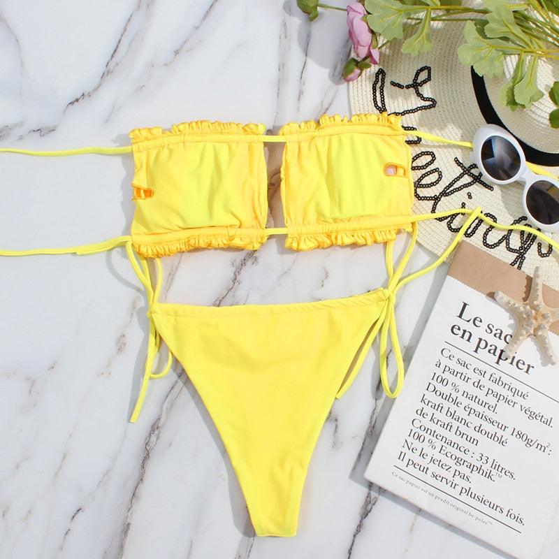 Bikini Women  Swimsuit Female Low Waist Swimwear Women Beach Mini Thong Bikini Set Bathing Suit Women Thong Swimsuits Strapless 2 Piece Bikini String Tie Ruffle Brazilian Bathing Suit Stevvex