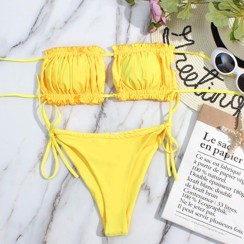 Bikini Women  Swimsuit Female Low Waist Swimwear Women Beach Mini Thong Bikini Set Bathing Suit Women Thong Swimsuits Strapless 2 Piece Bikini String Tie Ruffle Brazilian Bathing Suit Stevvex