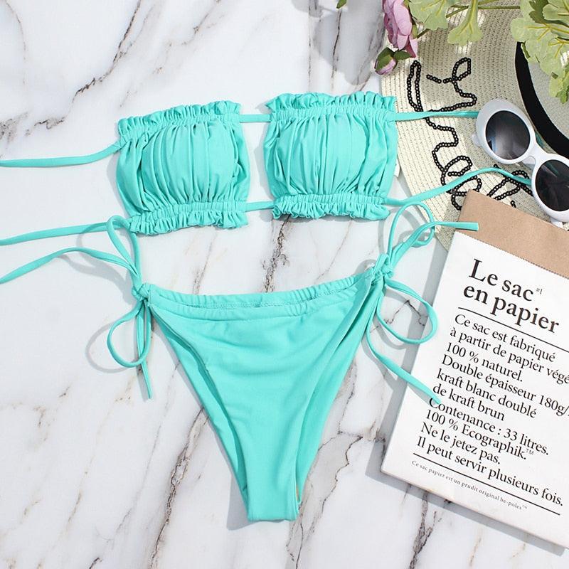 Bikini Women  Swimsuit Female Low Waist Swimwear Women Beach Mini Thong Bikini Set Bathing Suit Women Thong Swimsuits Strapless 2 Piece Bikini String Tie Ruffle Brazilian Bathing Suit Stevvex