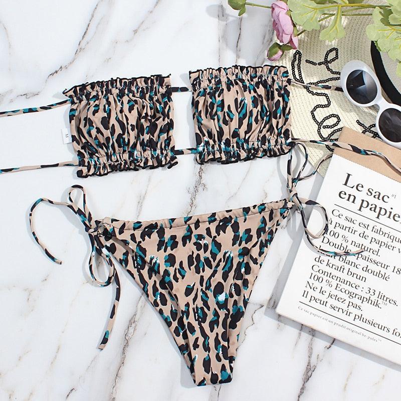 Bikini Women  Swimsuit Female Low Waist Swimwear Women Beach Mini Thong Bikini Set Bathing Suit Women Thong Swimsuits Strapless 2 Piece Bikini String Tie Ruffle Brazilian Bathing Suit Stevvex