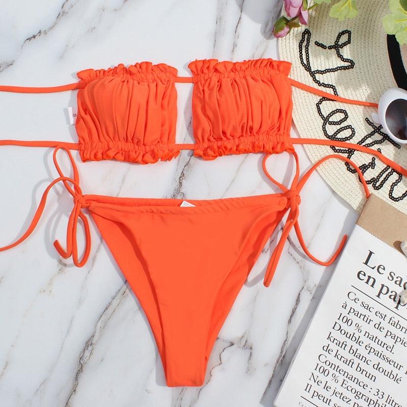Bikini Women  Swimsuit Female Low Waist Swimwear Women Beach Mini Thong Bikini Set Bathing Suit Women Thong Swimsuits Strapless 2 Piece Bikini String Tie Ruffle Brazilian Bathing Suit Stevvex