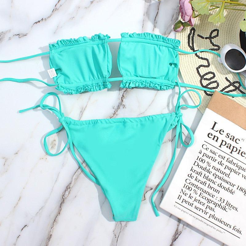 Bikini Women  Swimsuit Female Low Waist Swimwear Women Beach Mini Thong Bikini Set Bathing Suit Women Thong Swimsuits Strapless 2 Piece Bikini String Tie Ruffle Brazilian Bathing Suit Stevvex