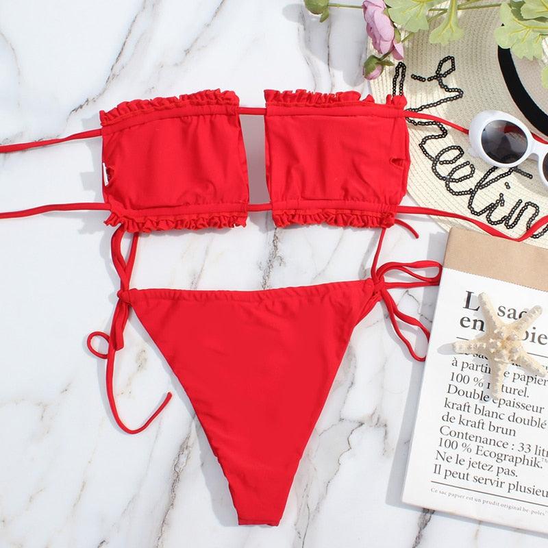 Bikini Women  Swimsuit Female Low Waist Swimwear Women Beach Mini Thong Bikini Set Bathing Suit Women Thong Swimsuits Strapless 2 Piece Bikini String Tie Ruffle Brazilian Bathing Suit Stevvex