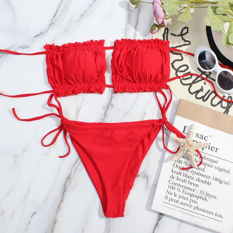 Bikini Women  Swimsuit Female Low Waist Swimwear Women Beach Mini Thong Bikini Set Bathing Suit Women Thong Swimsuits Strapless 2 Piece Bikini String Tie Ruffle Brazilian Bathing Suit Stevvex