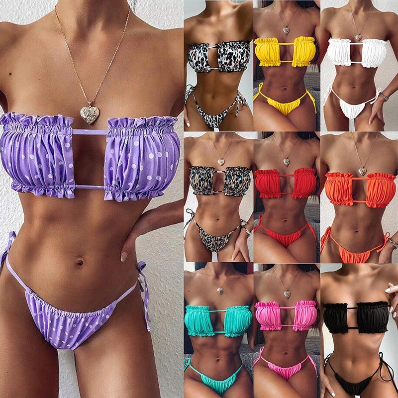 Bikini Women  Swimsuit Female Low Waist Swimwear Women Beach Mini Thong Bikini Set Bathing Suit Women Thong Swimsuits Strapless 2 Piece Bikini String Tie Ruffle Brazilian Bathing Suit Stevvex