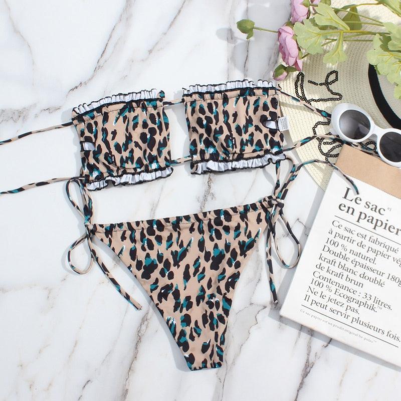 Bikini Women  Swimsuit Female Low Waist Swimwear Women Beach Mini Thong Bikini Set Bathing Suit Women Thong Swimsuits Strapless 2 Piece Bikini String Tie Ruffle Brazilian Bathing Suit Stevvex