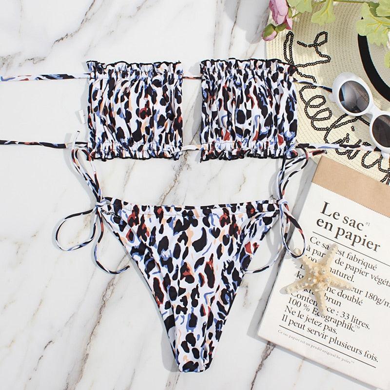Bikini Women  Swimsuit Female Low Waist Swimwear Women Beach Mini Thong Bikini Set Bathing Suit Women Thong Swimsuits Strapless 2 Piece Bikini String Tie Ruffle Brazilian Bathing Suit Stevvex
