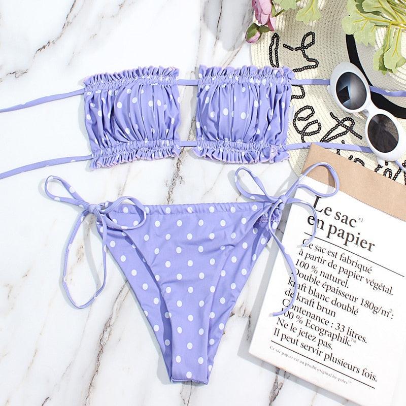 Bikini Women  Swimsuit Female Low Waist Swimwear Women Beach Mini Thong Bikini Set Bathing Suit Women Thong Swimsuits Strapless 2 Piece Bikini String Tie Ruffle Brazilian Bathing Suit Stevvex