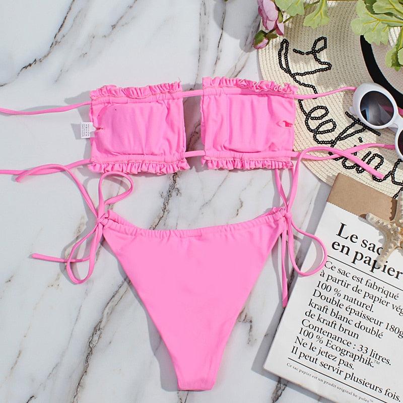 Bikini Women  Swimsuit Female Low Waist Swimwear Women Beach Mini Thong Bikini Set Bathing Suit Women Thong Swimsuits Strapless 2 Piece Bikini String Tie Ruffle Brazilian Bathing Suit Stevvex