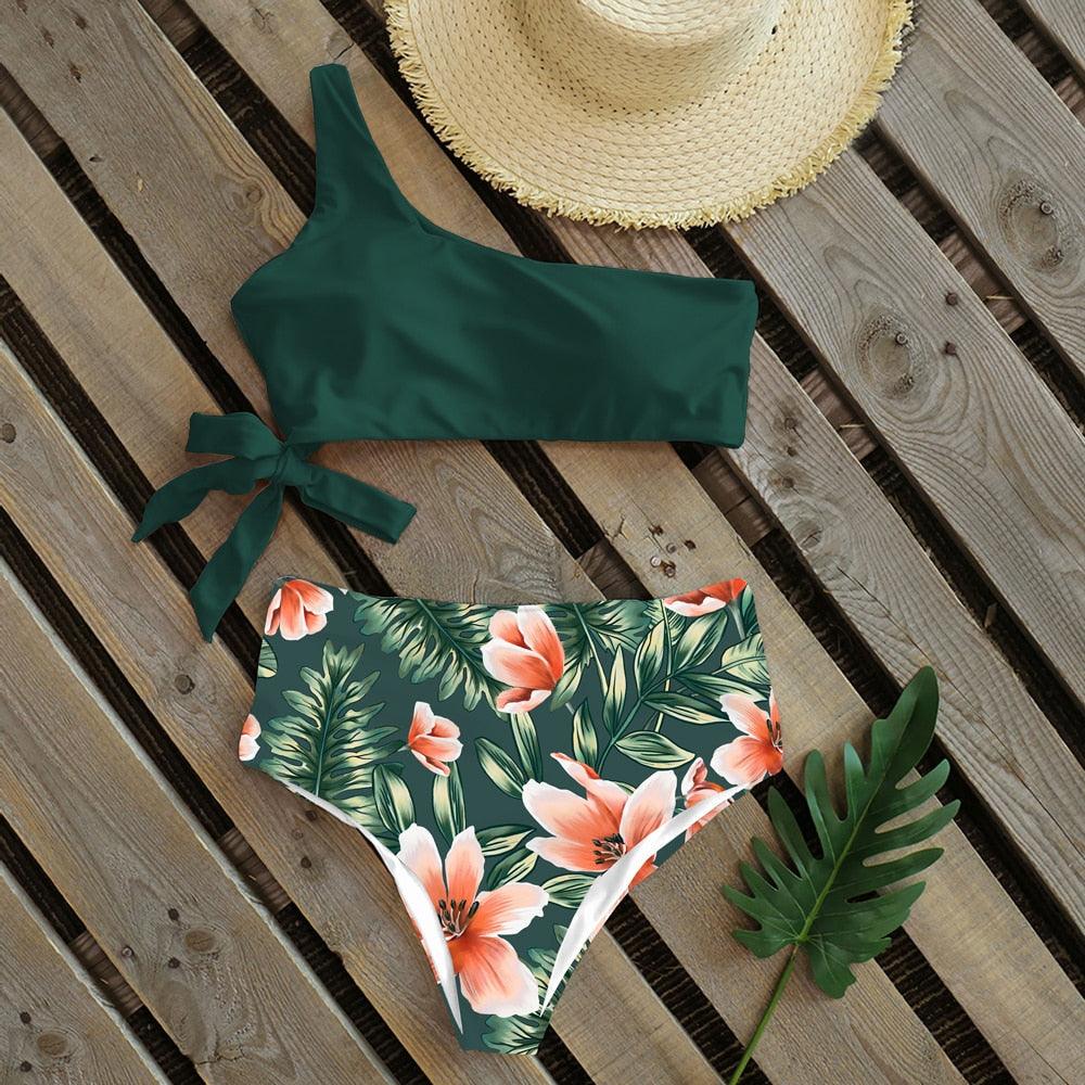 Bikini Women Swimwear Push Up Swimsuit One Shoulder Print Lightweight Bikini Set Bathing Suit Beach Swimming Suit High Waist Comfy One Shoulder Bikini Set Bathing Suit For Women Stevvex