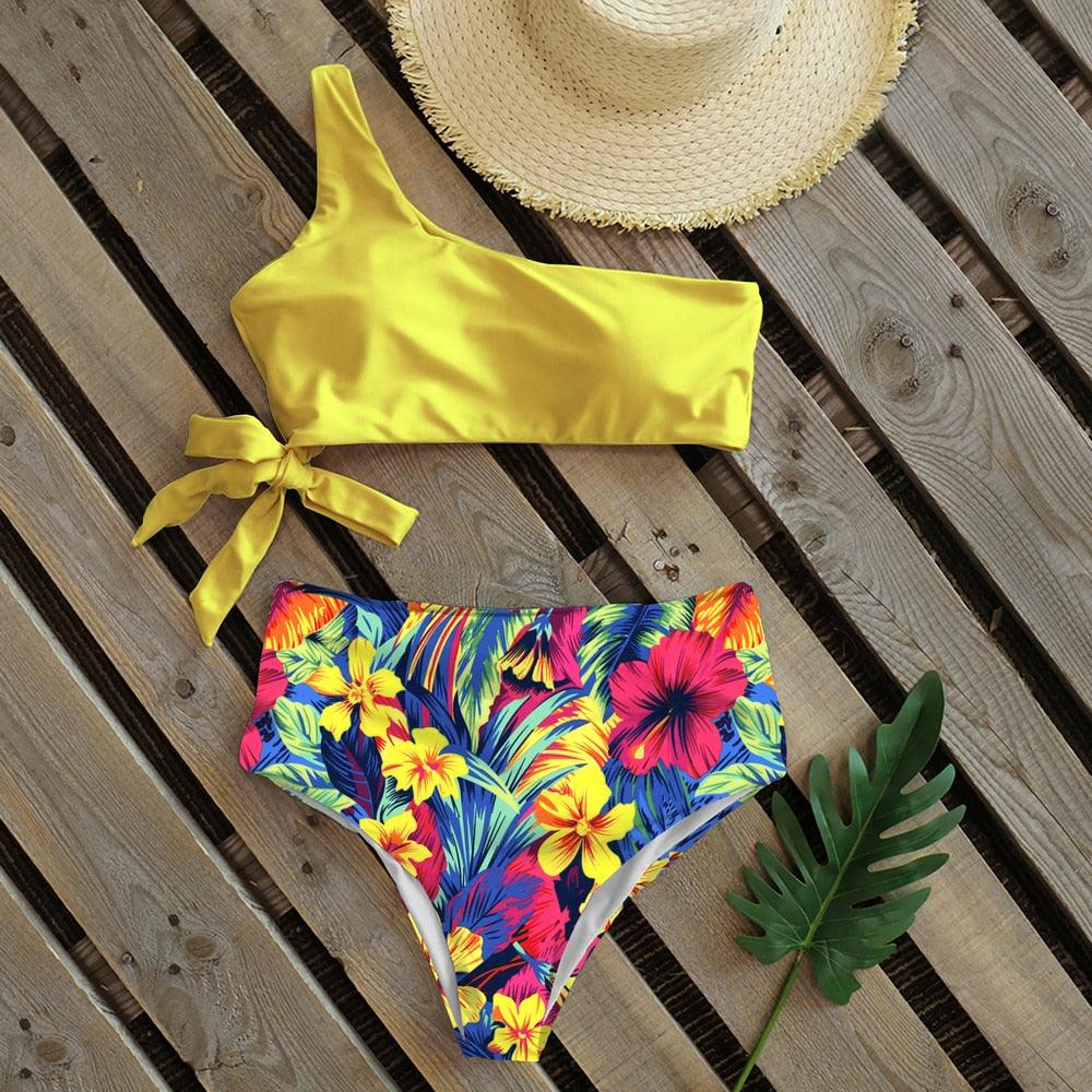 Bikini Women Swimwear Push Up Swimsuit One Shoulder Print Lightweight Bikini Set Bathing Suit Beach Swimming Suit High Waist Comfy One Shoulder Bikini Set Bathing Suit For Women Stevvex