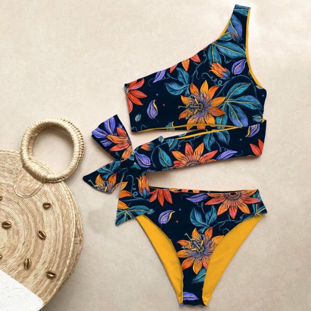 Bikini Women Swimwear Push Up Swimsuit One Shoulder Print Lightweight Bikini Set Bathing Suit Beach Swimming Suit High Waist Comfy One Shoulder Bikini Set Bathing Suit For Women Stevvex