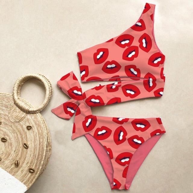 Bikini Women Swimwear Push Up Swimsuit One Shoulder Print Lightweight Bikini Set Bathing Suit Beach Swimming Suit High Waist Comfy One Shoulder Bikini Set Bathing Suit For Women Stevvex