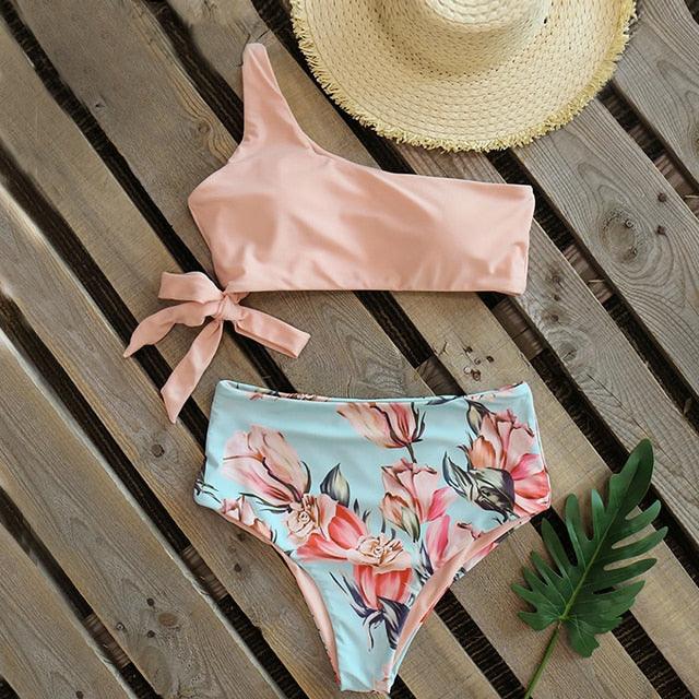 Bikini Women Swimwear Push Up Swimsuit One Shoulder Print Lightweight Bikini Set Bathing Suit Beach Swimming Suit High Waist Comfy One Shoulder Bikini Set Bathing Suit For Women Stevvex