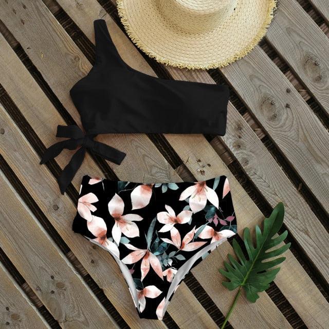 Bikini Women Swimwear Push Up Swimsuit One Shoulder Print Lightweight Bikini Set Bathing Suit Beach Swimming Suit High Waist Comfy One Shoulder Bikini Set Bathing Suit For Women Stevvex