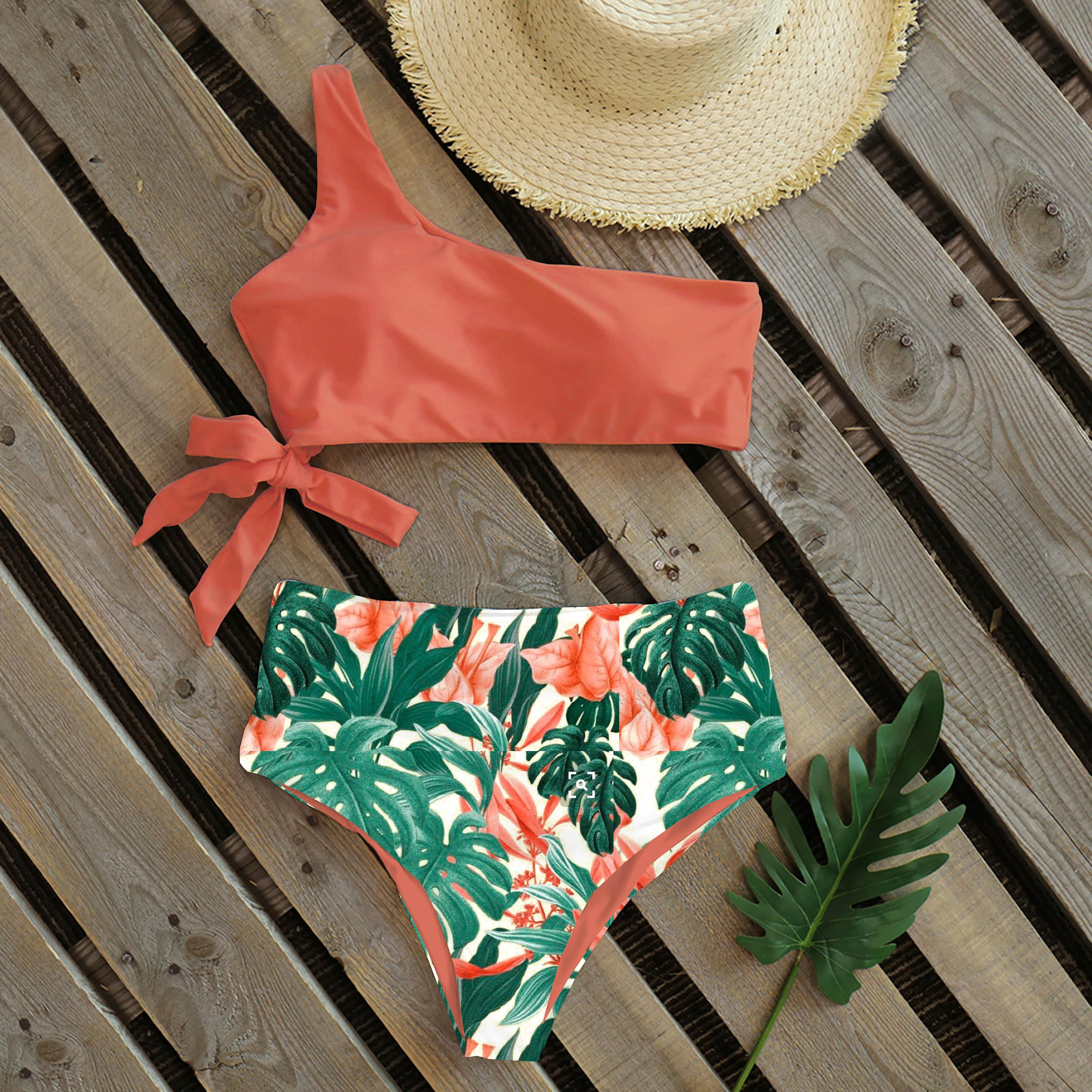 Bikini Women Swimwear Push Up Swimsuit One Shoulder Print Lightweight Bikini Set Bathing Suit Beach Swimming Suit High Waist Comfy One Shoulder Bikini Set Bathing Suit For Women Stevvex