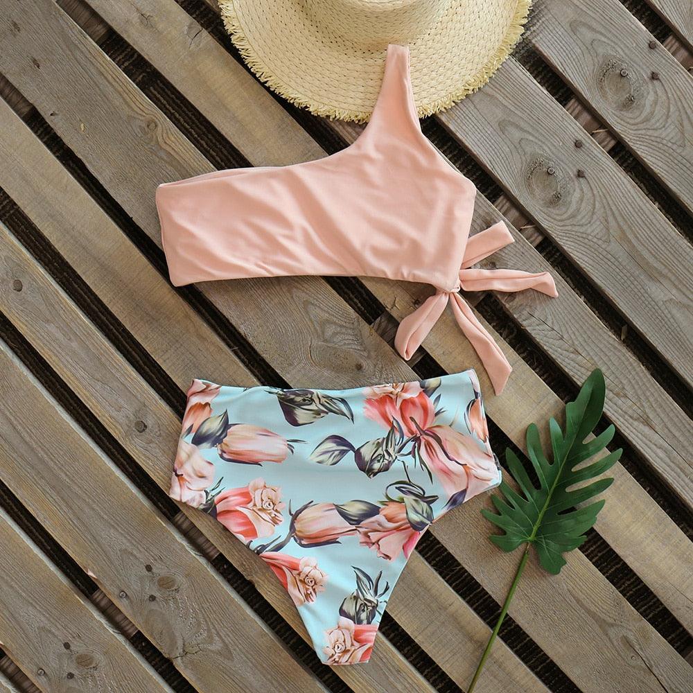 Bikini Women Swimwear Push Up Swimsuit One Shoulder Print Lightweight Bikini Set Bathing Suit Beach Swimming Suit High Waist Comfy One Shoulder Bikini Set Bathing Suit For Women Stevvex