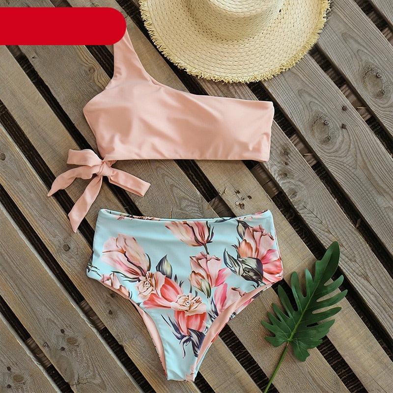 Bikini Women Swimwear Push Up Swimsuit One Shoulder Print Lightweight Bikini Set Bathing Suit Beach Swimming Suit High Waist Comfy One Shoulder Bikini Set Bathing Suit For Women Stevvex