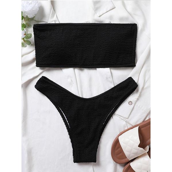 Bikinis Swimsuit Women Push Up Bikini Set  Female Swimwear Women's Strapless Solid Color 2 Pieces Bathing Suit Swimsuit Swimsuits Off Shoulder High Waist Bathing Suit High Cut Swimwear For Summer Stevvex
