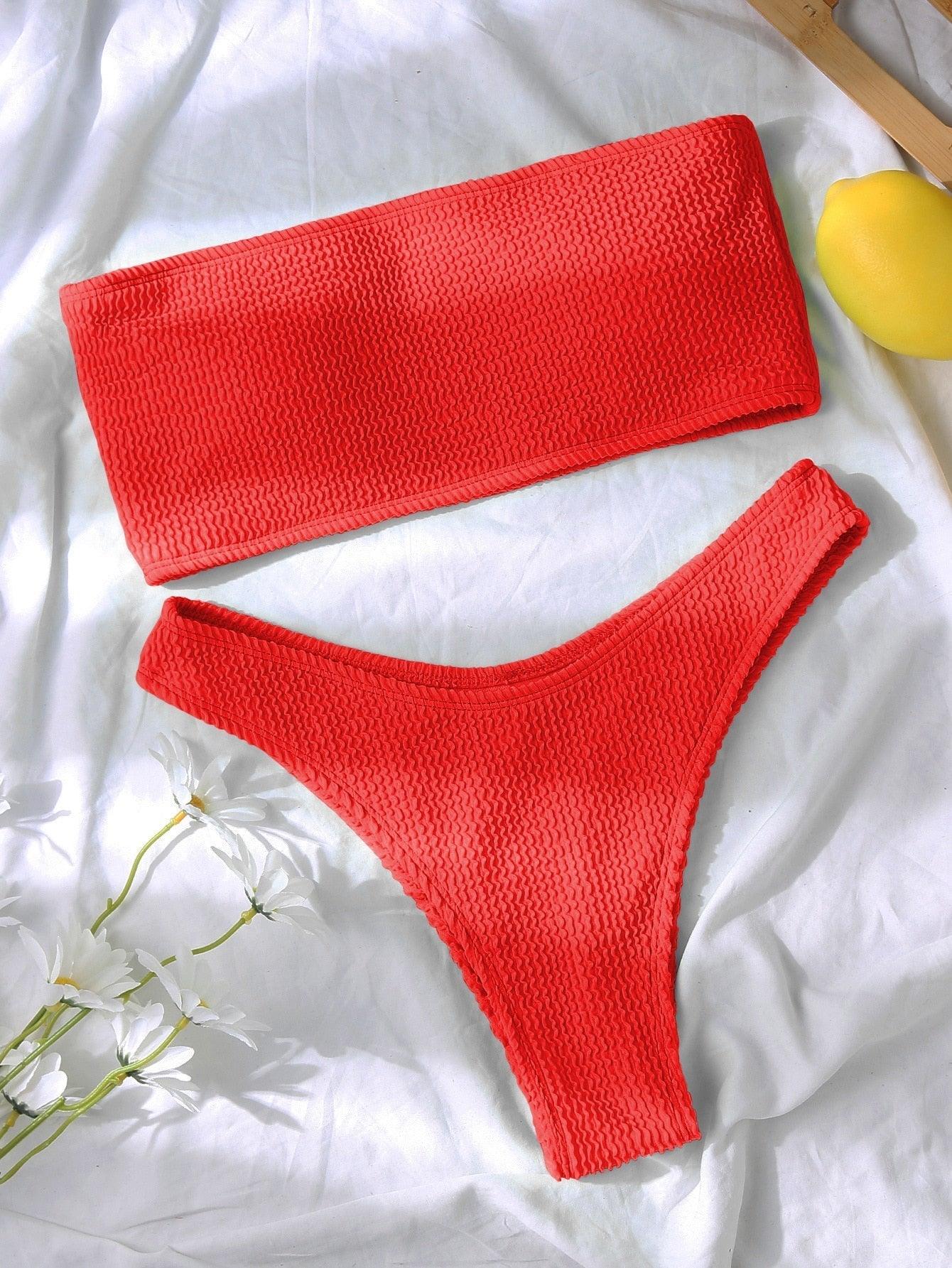Bikinis Swimsuit Women Push Up Bikini Set  Female Swimwear Women's Strapless Solid Color 2 Pieces Bathing Suit Swimsuit Swimsuits Off Shoulder High Waist Bathing Suit High Cut Swimwear For Summer Stevvex