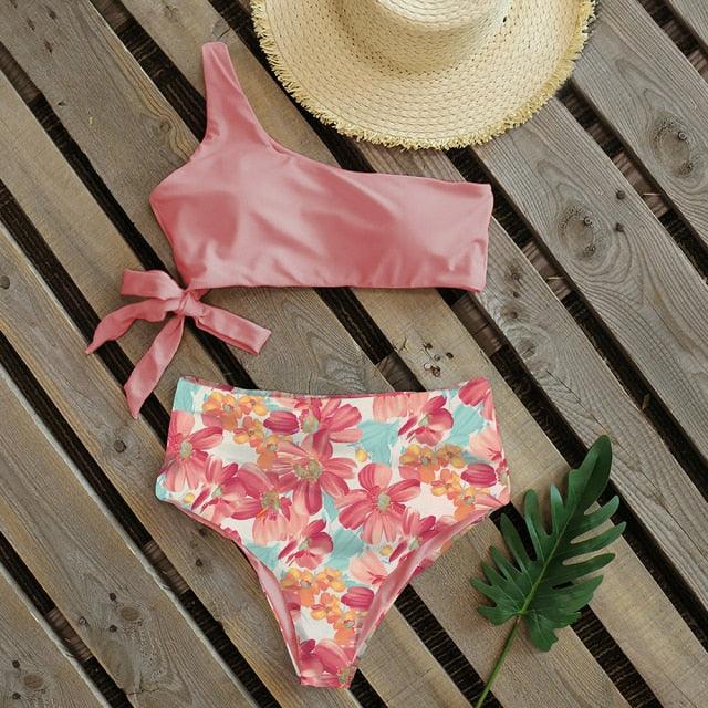 Bikinis Women New One Shoulder Swimwear High Waist Swimsuit Bandage Bathing Suits Beach Wear Female Lace Two Piece Swim Dress with Bikini Bottom Bathing Suits Stevvex