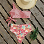 Bikinis Women New One Shoulder Swimwear High Waist Swimsuit Bandage Bathing Suits Beach Wear Female Lace Two Piece Swim Dress with Bikini Bottom Bathing Suits Stevvex