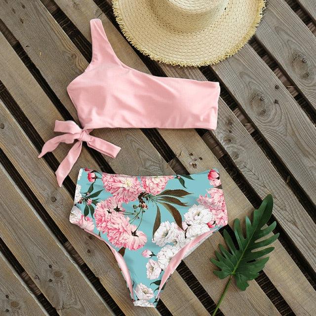 Bikinis Women New One Shoulder Swimwear High Waist Swimsuit Bandage Bathing Suits Beach Wear Female Lace Two Piece Swim Dress with Bikini Bottom Bathing Suits Stevvex