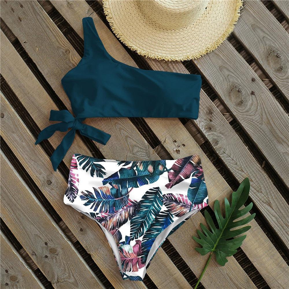 Bikinis Women New One Shoulder Swimwear High Waist Swimsuit Bandage Bathing Suits Beach Wear Female Lace Two Piece Swim Dress with Bikini Bottom Bathing Suits Stevvex
