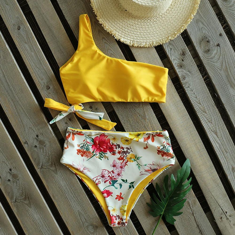 Bikinis Women New One Shoulder Swimwear High Waist Swimsuit Bandage Bathing Suits Beach Wear Female Lace Two Piece Swim Dress with Bikini Bottom Bathing Suits Stevvex