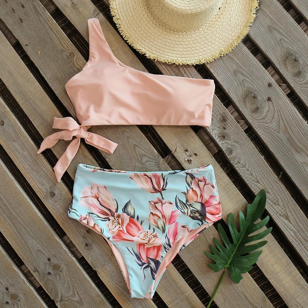 Bikinis Women New One Shoulder Swimwear High Waist Swimsuit Bandage Bathing Suits Beach Wear Female Lace Two Piece Swim Dress with Bikini Bottom Bathing Suits Stevvex