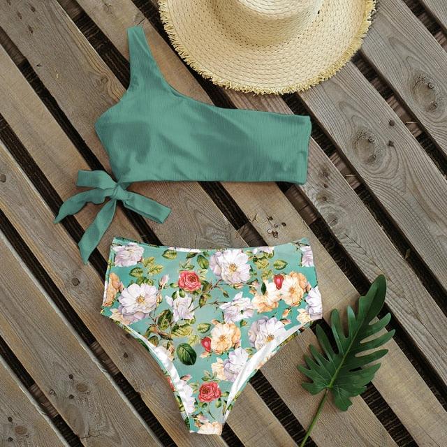 Bikinis Women New One Shoulder Swimwear High Waist Swimsuit Bandage Bathing Suits Beach Wear Female Lace Two Piece Swim Dress with Bikini Bottom Bathing Suits Stevvex