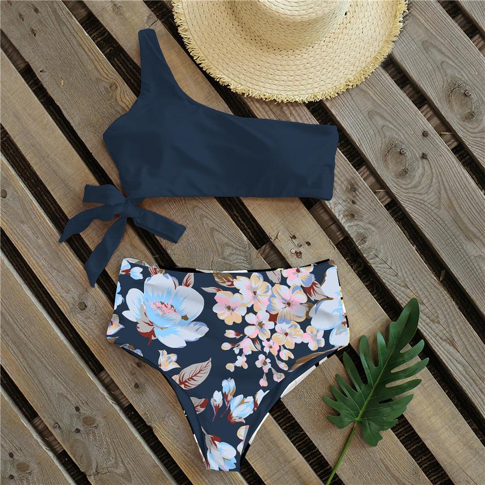 Bikinis Women New One Shoulder Swimwear High Waist Swimsuit Bandage Bathing Suits Beach Wear Female Lace Two Piece Swim Dress with Bikini Bottom Bathing Suits Stevvex